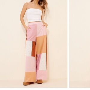Free People Patchwork Wide-Leg Pants in Pink and Tan